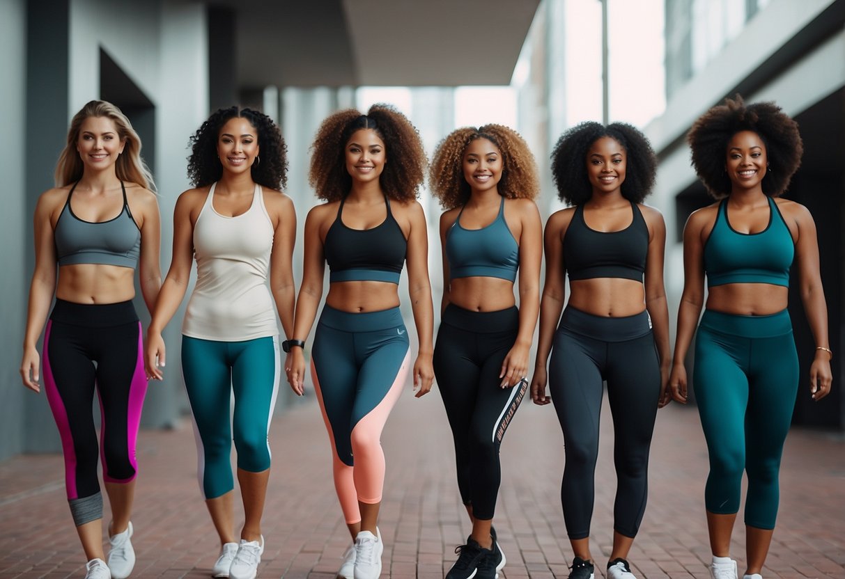 A group of petite women wearing activewear from the top 10 brands, showcasing their stylish and functional workout outfits in various athletic poses