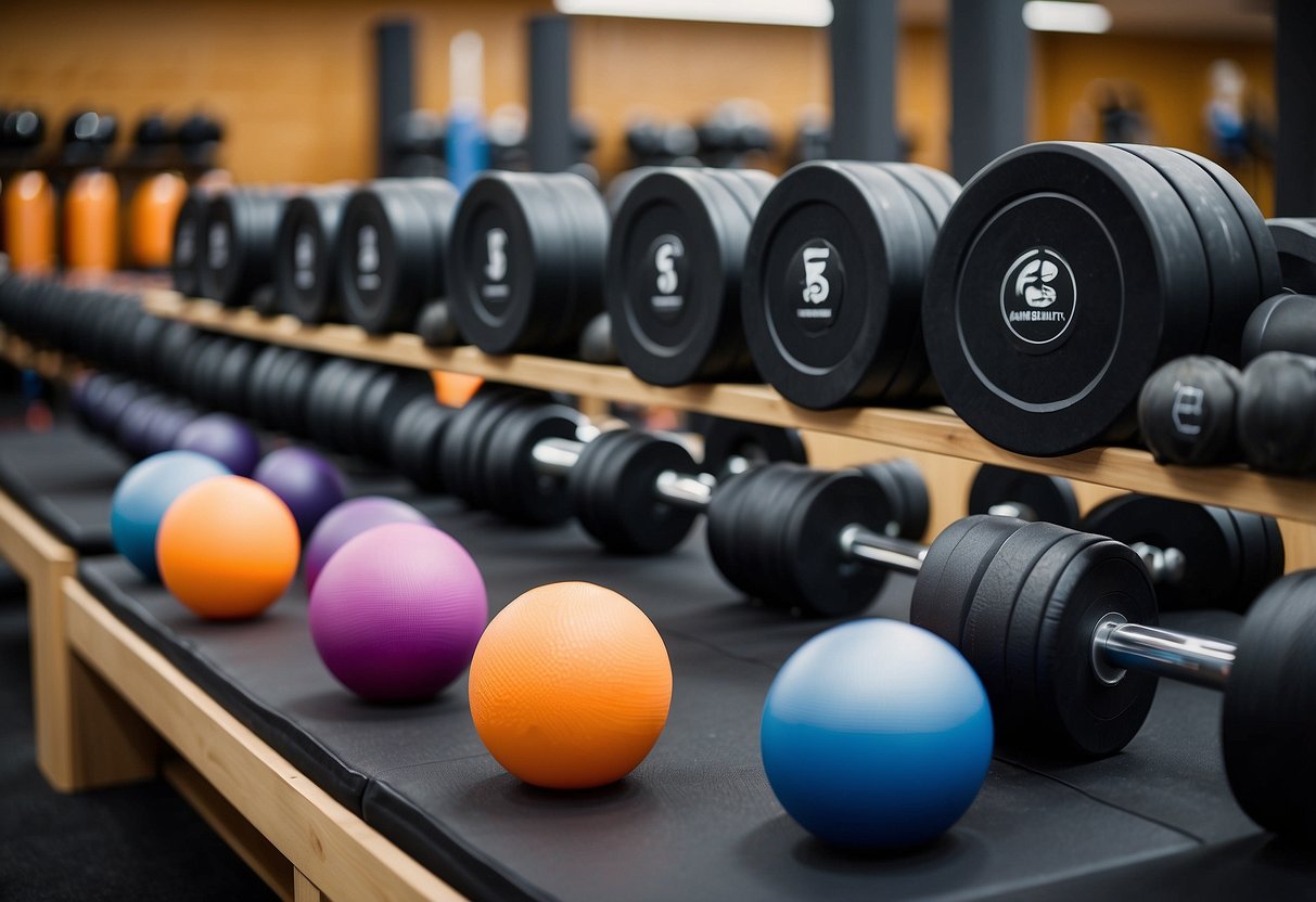 A bright, spacious gym with various recovery tools neatly organized on shelves and racks. Foam rollers, massage balls, and resistance bands are prominently displayed, inviting post-workout relief