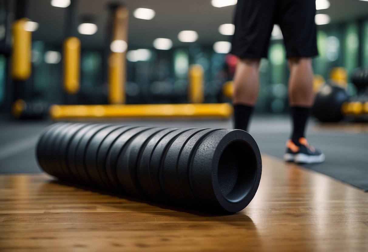 A Vyper 3 foam roller sits on a gym floor, surrounded by other recovery tools. The roller is sleek and black, with ridges for deep tissue massage