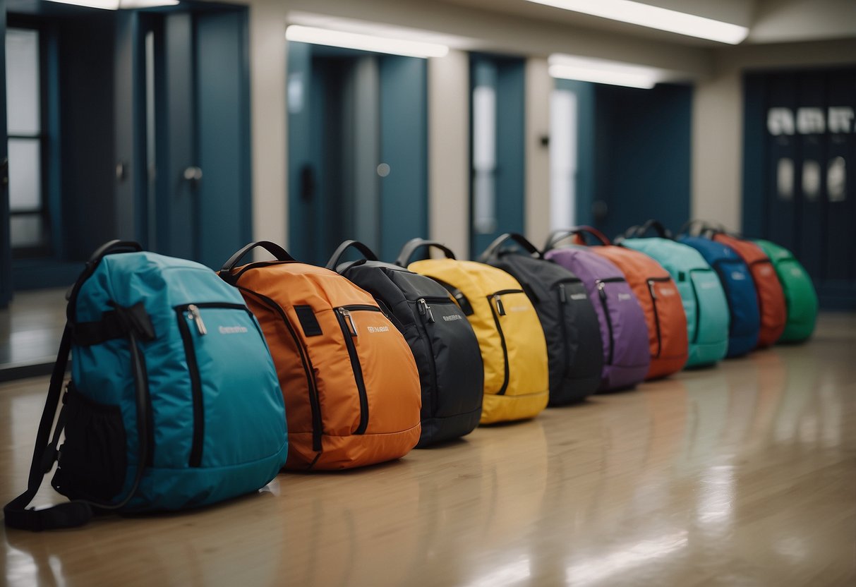 Colorful gym bags lined up against a sleek gym locker room backdrop. Each bag showcases a unique blend of style and functionality