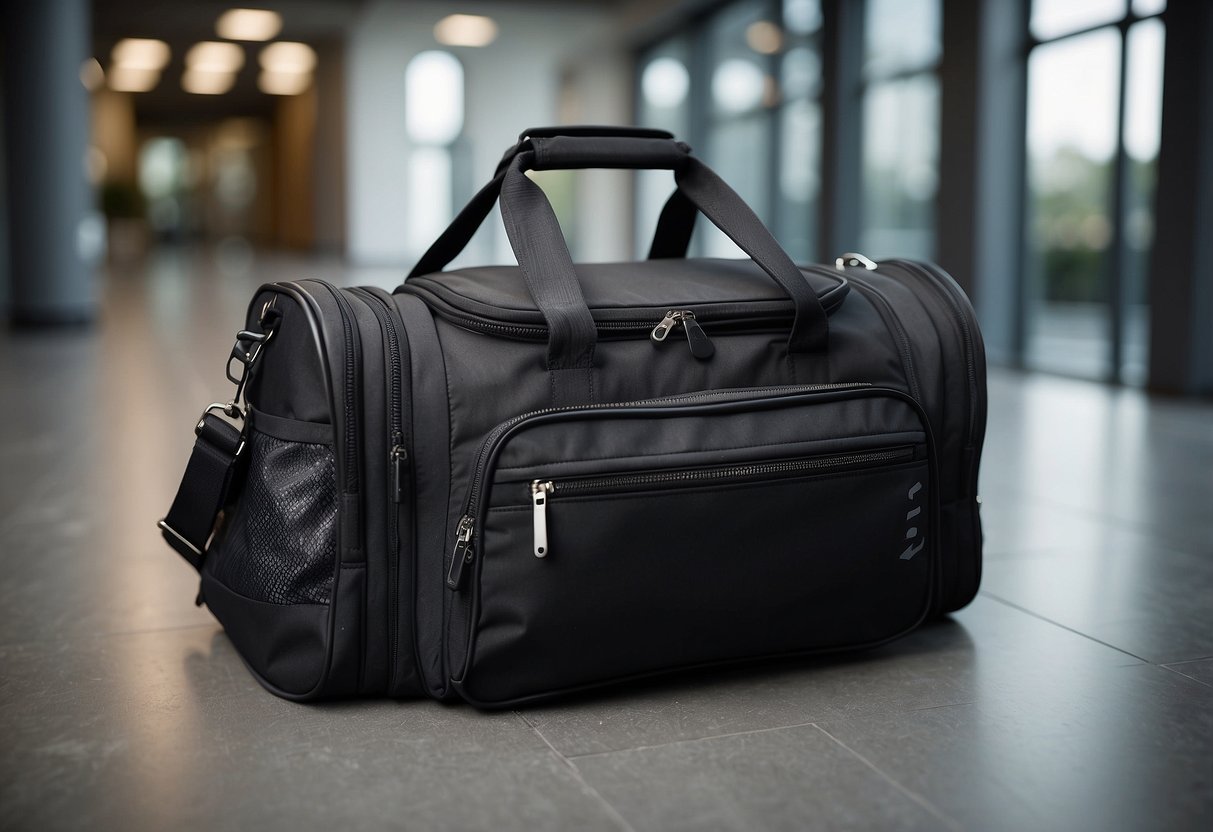 A gym bag lies open, revealing a spacious interior and multiple compartments. The sleek design and durable material exude style and functionality