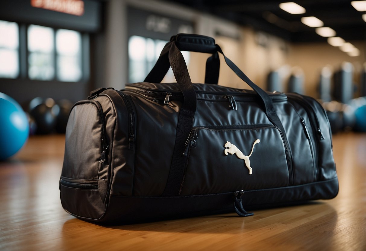 A sleek Puma Evercat Contender Duffel bag sits on a gym floor, surrounded by other stylish and functional gym bags for active men and women