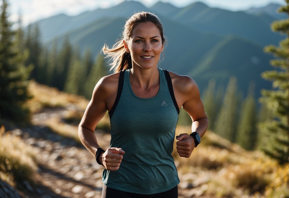 A mountain trail with a runner wearing activewear, surrounded by trees and mountains in the background. The runner is wearing a moisture-wicking top, leggings, and sturdy trail running shoes