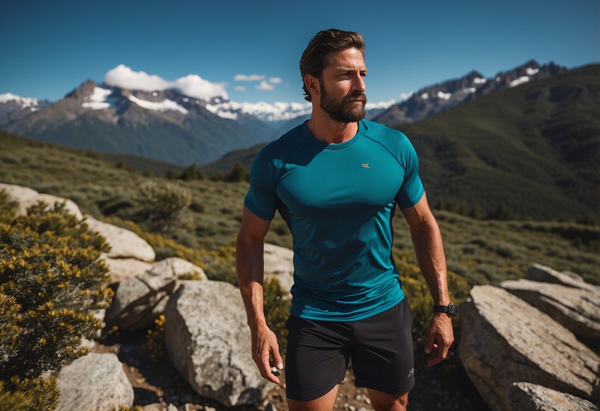 A mountainous landscape with a clear blue sky, featuring a Patagonia Capilene Cool Shirt amidst outdoor workout gear