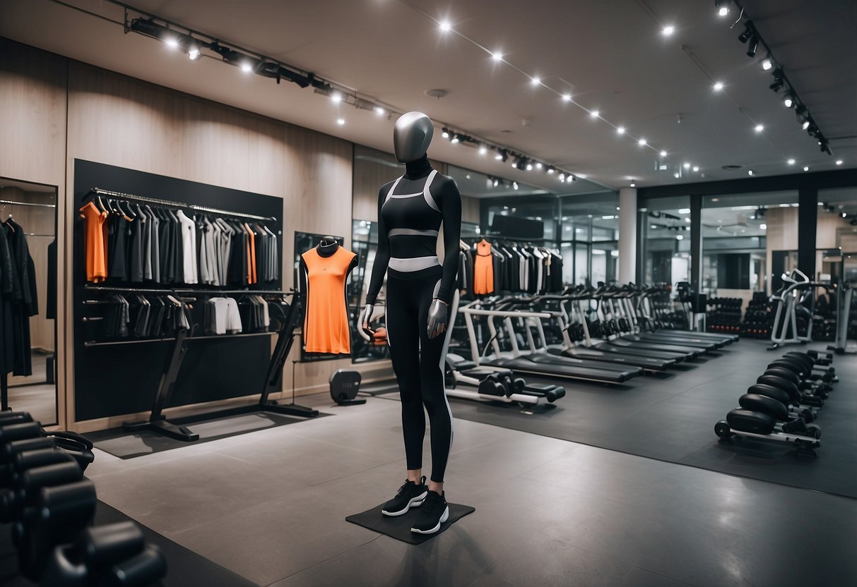 A futuristic gym filled with cutting-edge sustainable activewear brands on display, featuring sleek designs and eco-friendly materials