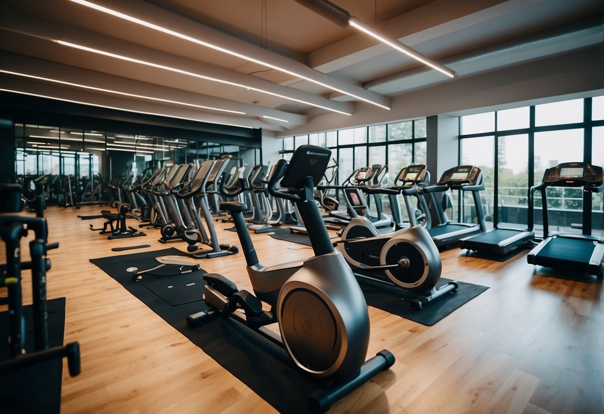 A vibrant, futuristic gym filled with eco-friendly workout gear from the top 10 sustainable activewear brands of 2024. The space is filled with sleek, innovative designs and sustainable materials, creating a dynamic and forward-thinking atmosphere