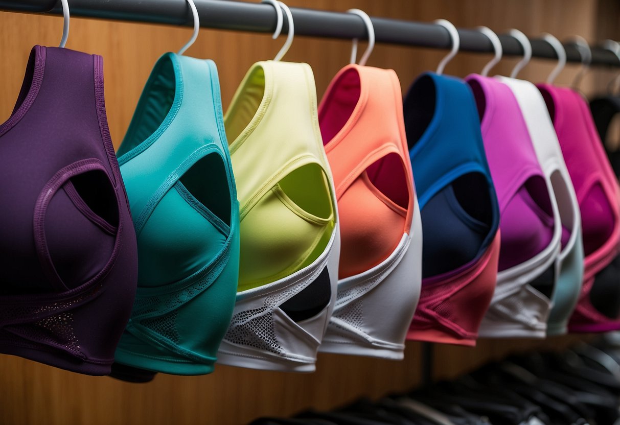 A row of colorful, high-impact sports bras neatly displayed on a rack, showcasing their maximum support features