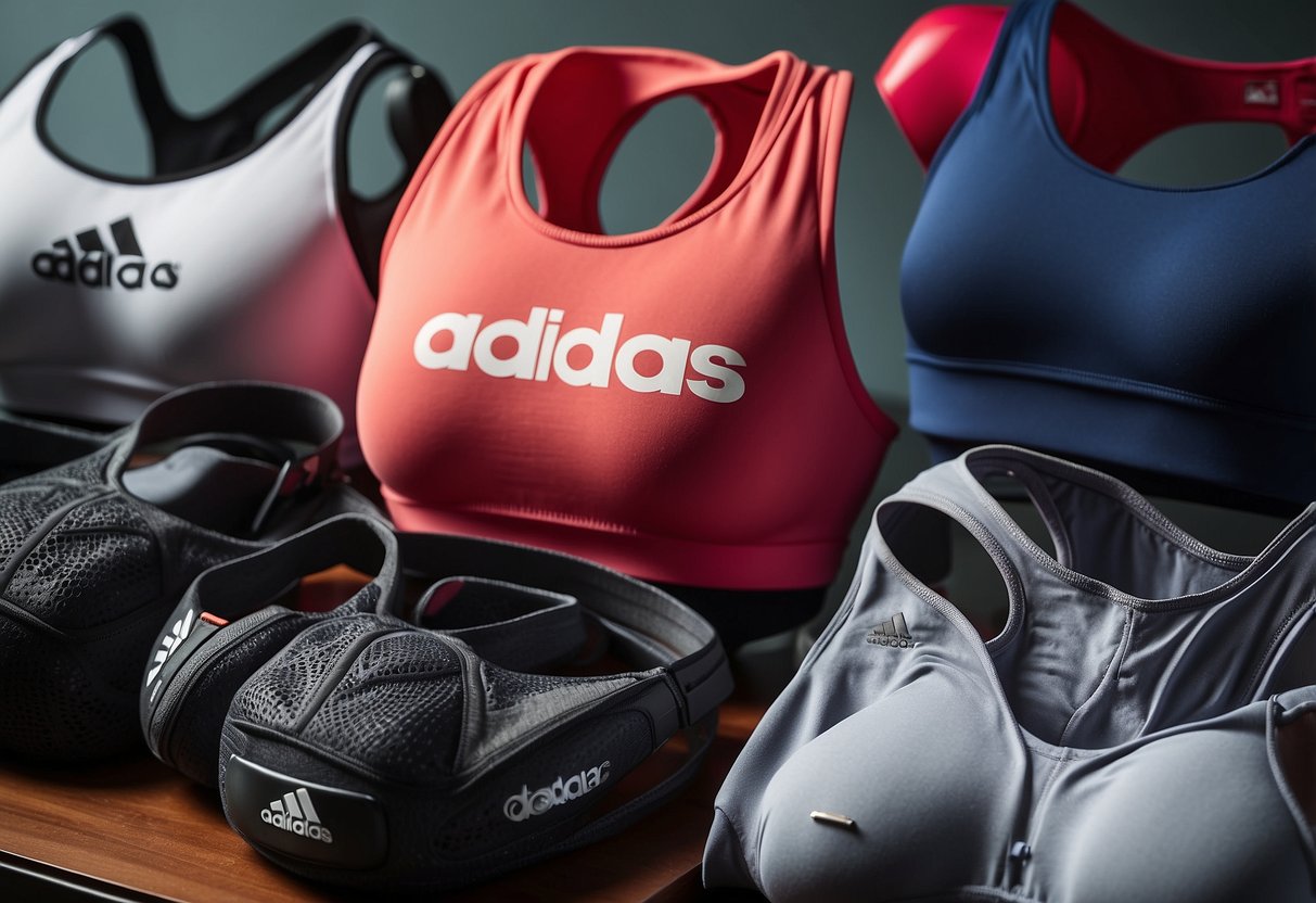 A sports bra with Adidas logo, surrounded by other high-impact bras. Displayed on a clean, modern background