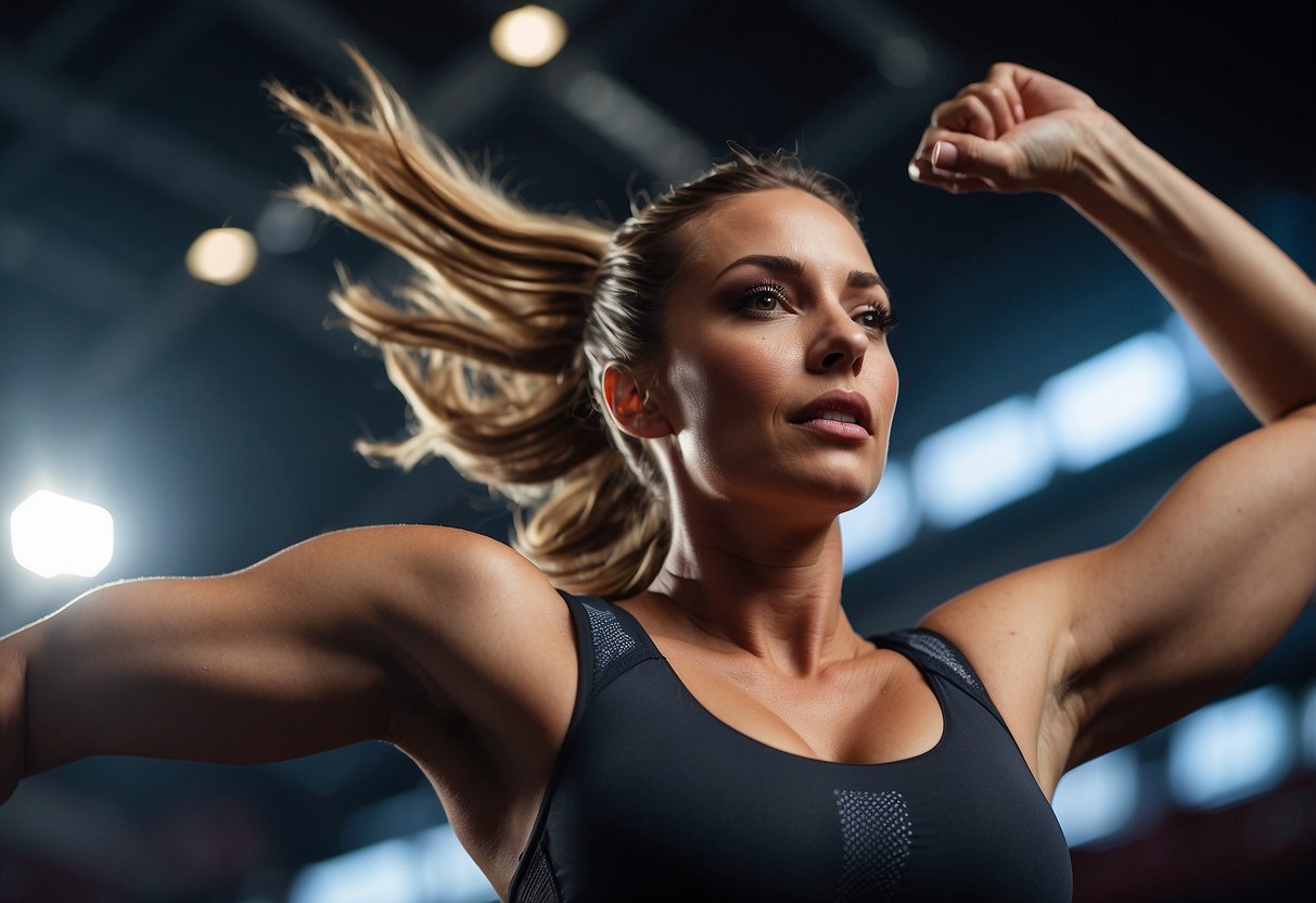 A woman's high-impact sports bra suspended in mid-air, with dynamic lines and energy emanating from it. The bra exudes strength and support, with a sleek and modern design