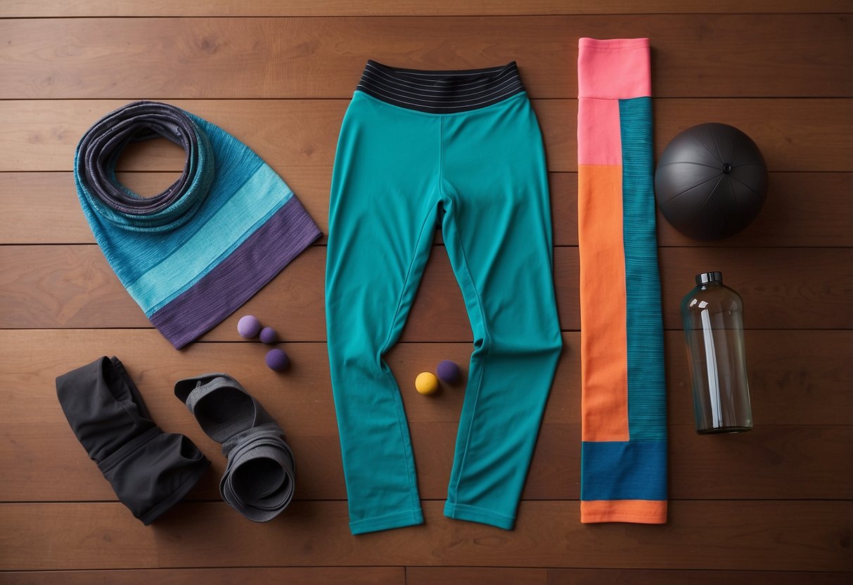 A woman's yoga pants laid out on a wooden floor, surrounded by colorful yoga mats and a water bottle. The pants are sleek and stylish, with a comfortable waistband and breathable fabric