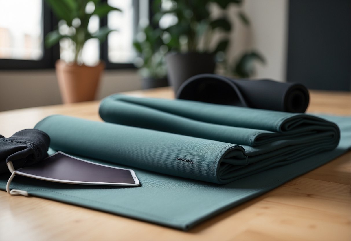 A pair of Girlfriend Collective Compressive High-Rise leggings is neatly folded atop a yoga mat, surrounded by a few stylish yoga accessories