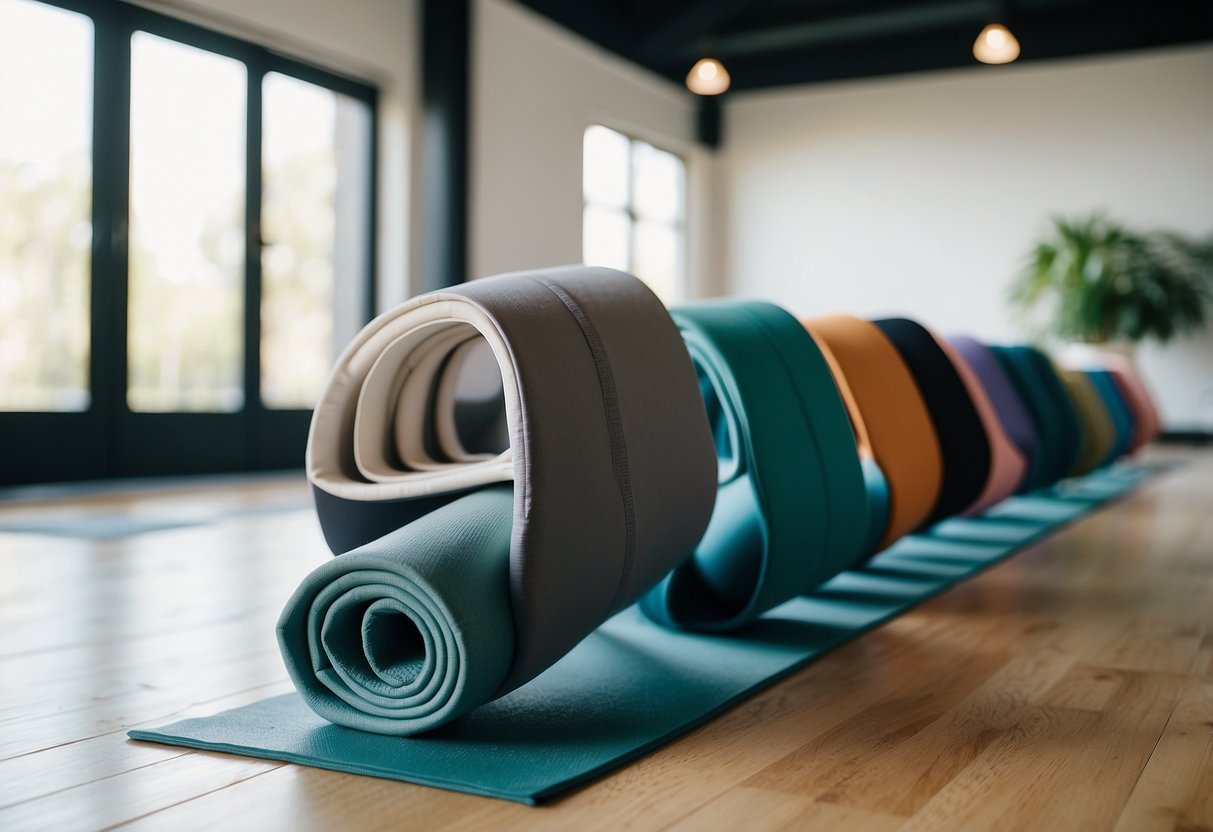 A serene yoga studio with a row of neatly folded Outdoor Voices TechSweat 7/8 leggings and a stack of stylish yoga pants