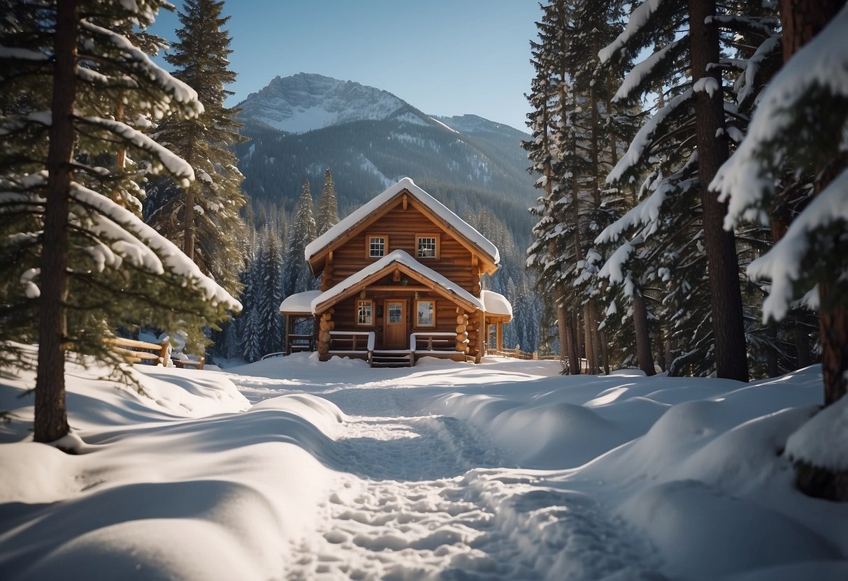 A snowy landscape with a trail of footprints leading to a cozy cabin, surrounded by pine trees and mountains. Snowflakes fall gently as a person inside the cabin prepares for a winter workout