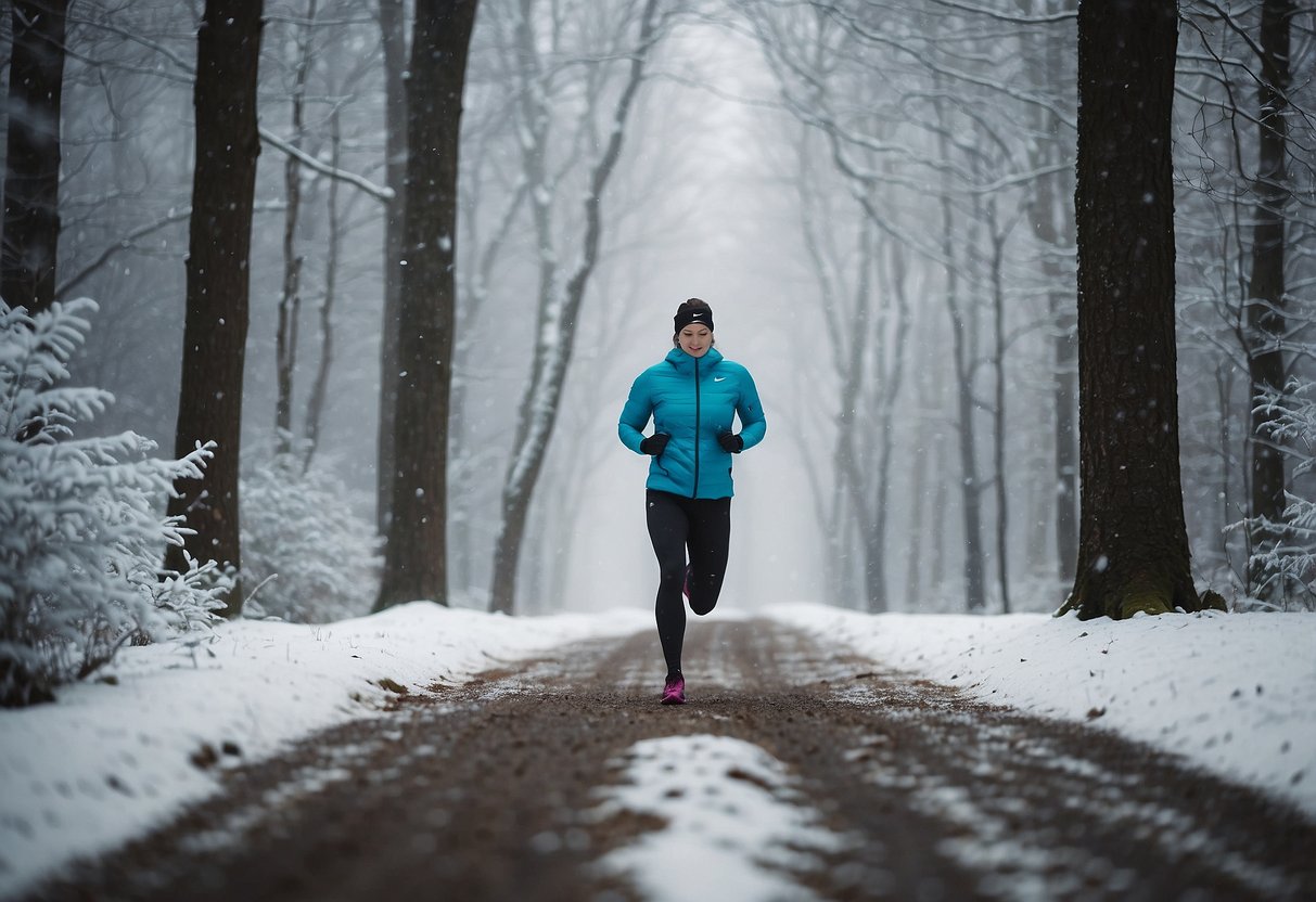 A snowy forest trail with a runner wearing Nike Therma-FIT ADV gear, surrounded by falling snowflakes and winter scenery