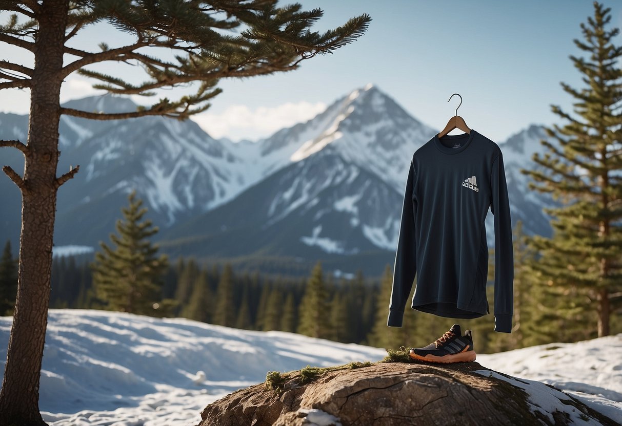 A snowy mountain trail with a lone Adidas Terrex Primeknit Long Sleeve shirt hanging on a tree branch, surrounded by other winter workout gear