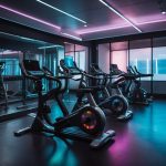 A futuristic gym setting with holographic workout equipment and smart fabric activewear on display. Advanced materials and technology are showcased in the innovative activewear designs