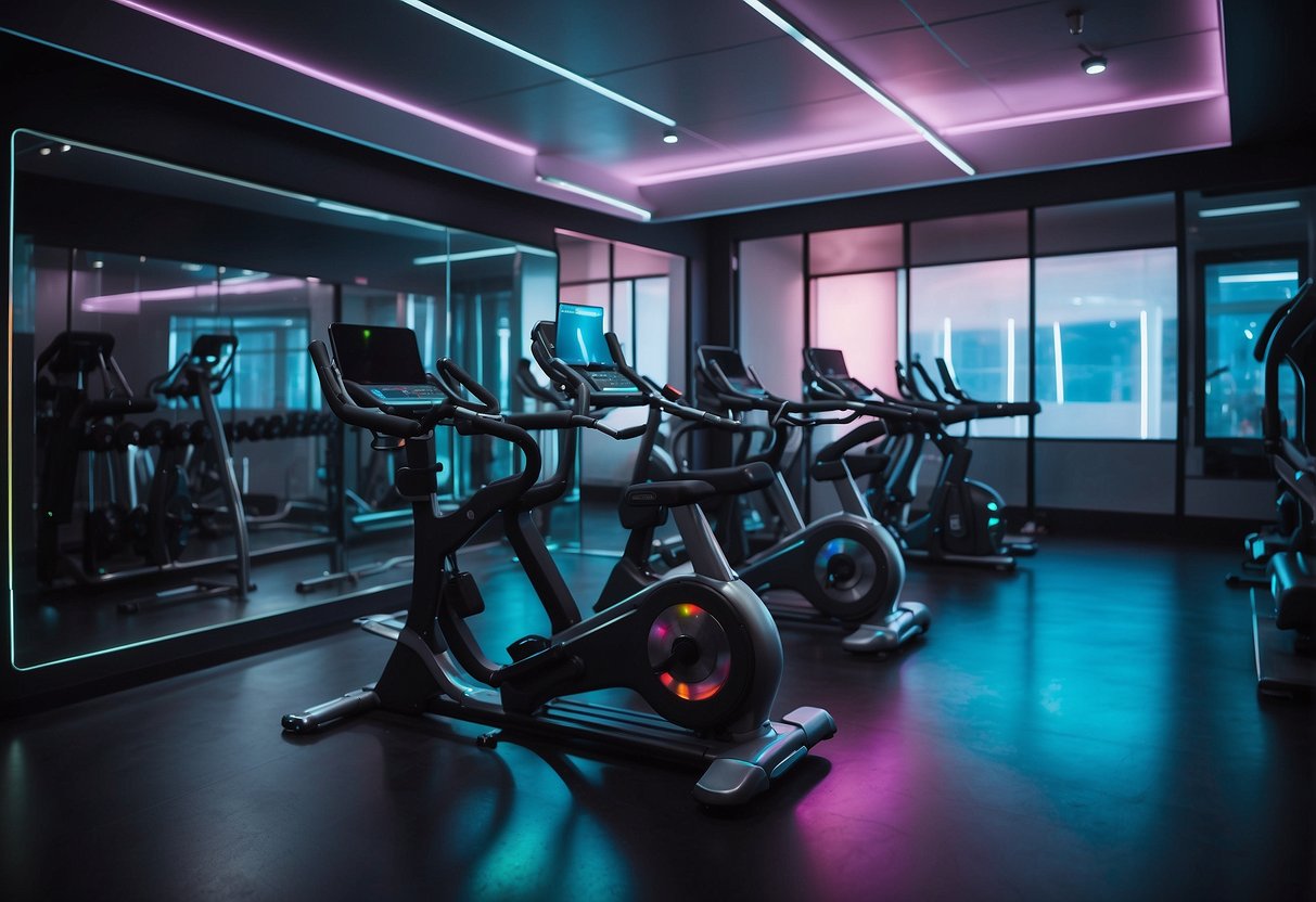 A futuristic gym setting with holographic workout equipment and smart fabric activewear on display. Advanced materials and technology are showcased in the innovative activewear designs