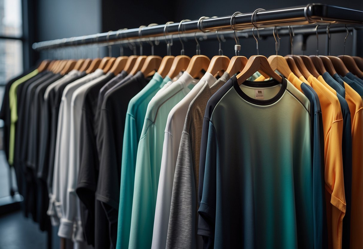 A group of temperature-adaptive shirts displayed on a futuristic activewear rack, surrounded by other innovative sportswear items