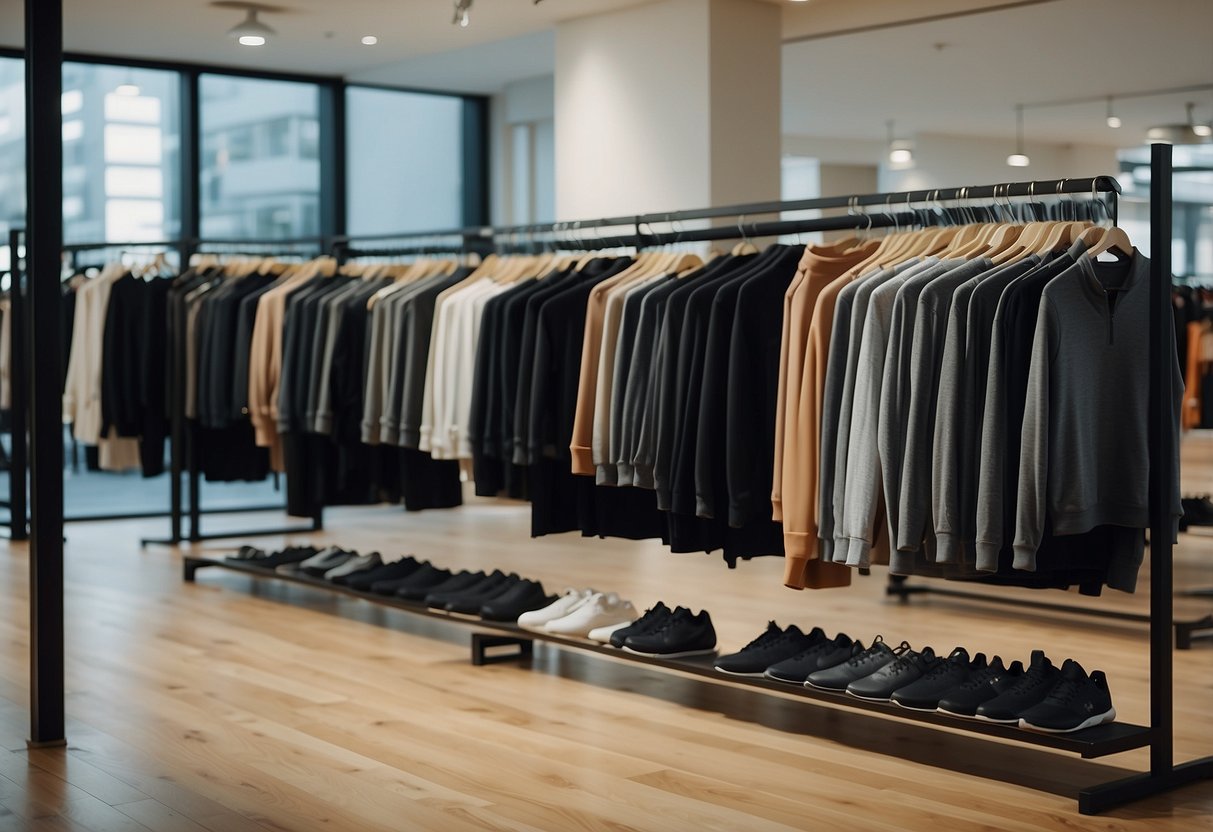 A pair of Under Armour Meridian pants hangs on a sleek, modern clothing rack, surrounded by other versatile activewear pieces. The setting is a stylish urban environment, with clean lines and a minimalist aesthetic