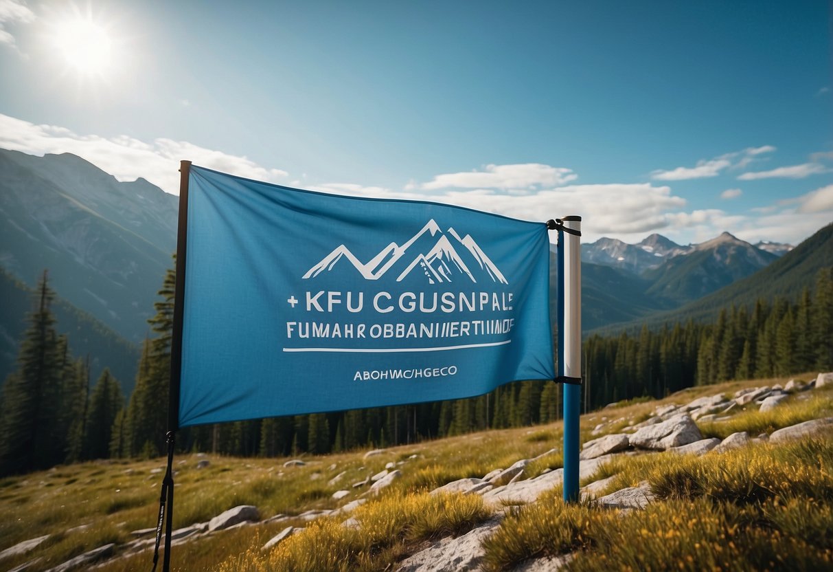 A vibrant outdoor scene with mountains, forests, and a clear blue sky. In the foreground, a collection of sustainable activewear brands' logos are displayed on eco-friendly banners