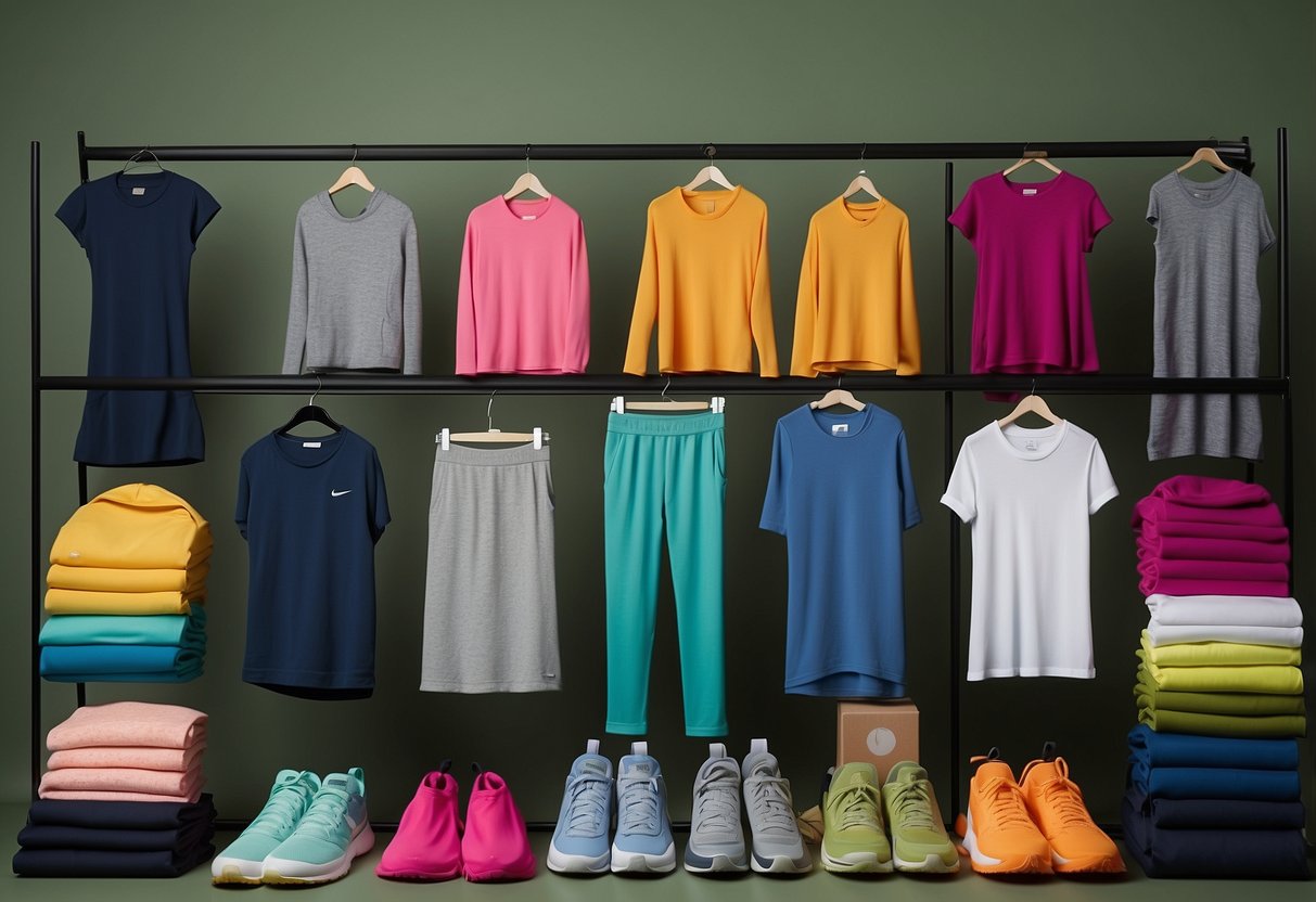 A colorful array of eco-friendly activewear brands displayed on a sustainable backdrop, showcasing their commitment to ethical and environmentally conscious fashion