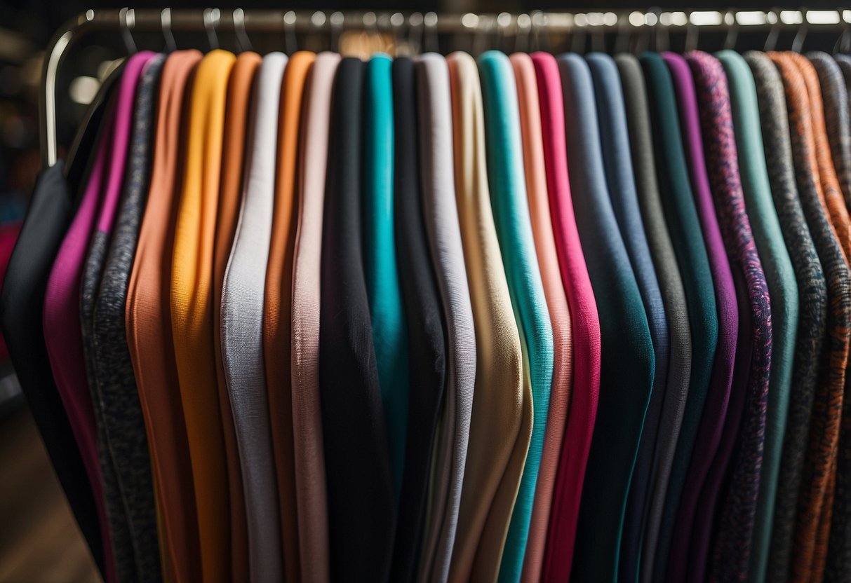 A woman's hand selects from a variety of workout leggings displayed on a rack. Bright colors and different fabrics are showcased