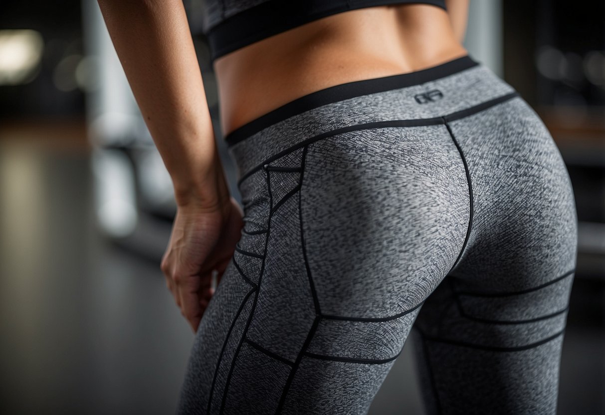 A close-up of workout leggings with a focus on the waistband and seams, showcasing the details and quality of the fabric and construction