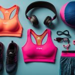 A woman's high-performance sports bras laid out on a sleek, modern display, surrounded by vibrant workout gear and equipment