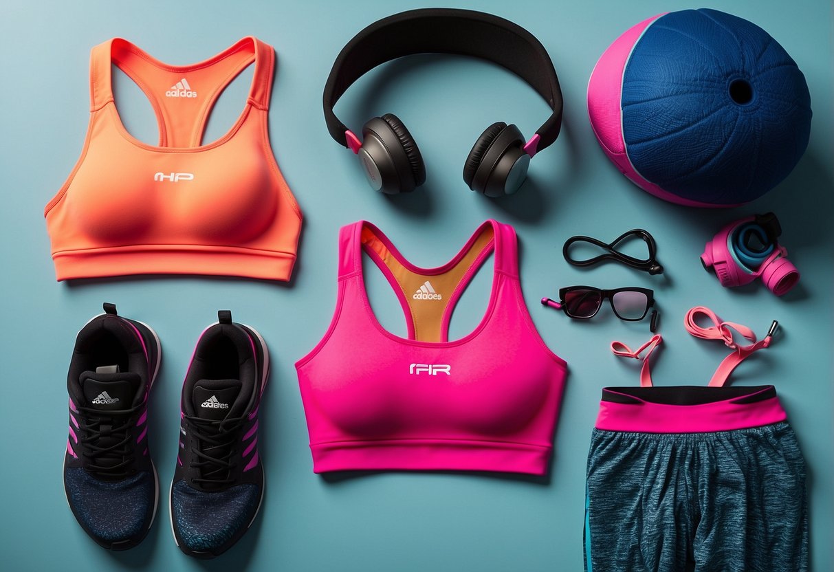 A woman's high-performance sports bras laid out on a sleek, modern display, surrounded by vibrant workout gear and equipment