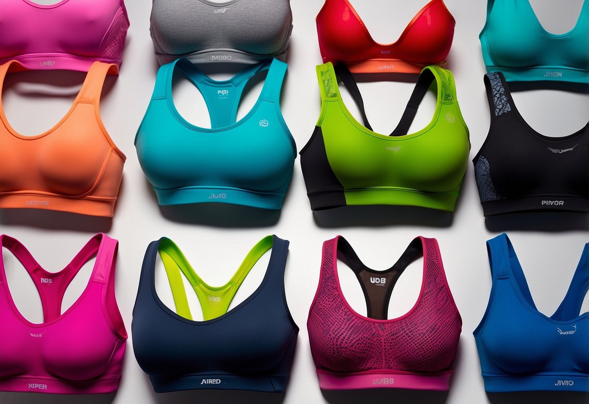 A lineup of top-rated sports bras, featuring high-performance designs for intense workouts, displayed against a vibrant and energetic backdrop