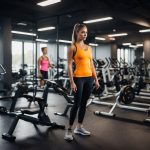 A vibrant gym setting with modern activewear trends on display. Bright colors, sleek designs, and a variety of workout equipment