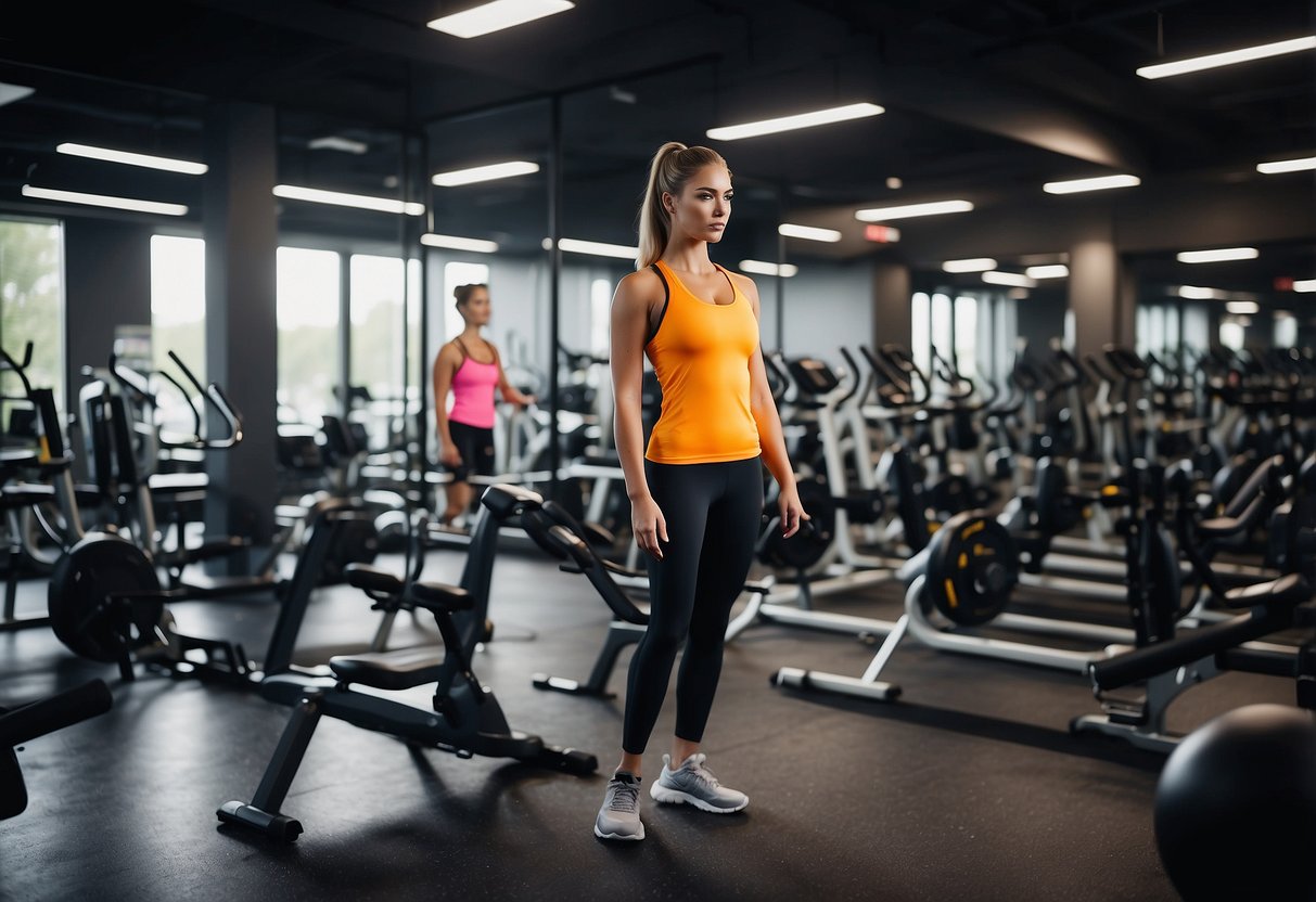 A vibrant gym setting with modern activewear trends on display. Bright colors, sleek designs, and a variety of workout equipment