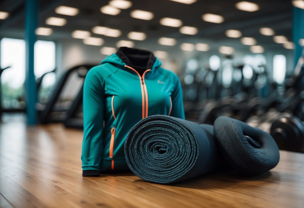 A gym setting with eco-friendly activewear made from sustainable materials. Showcases trendy workout clothes and accessories. Vibrant colors and modern designs