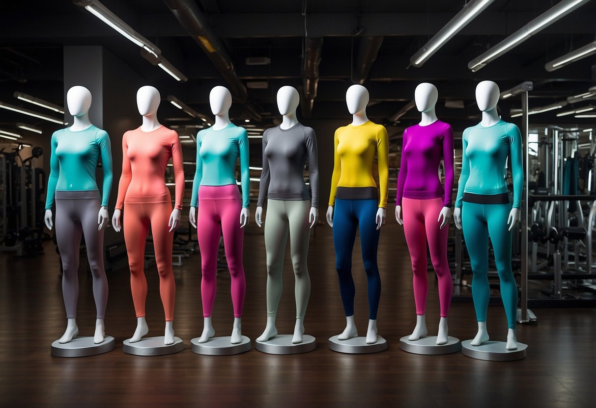 A colorful array of seamless and compression gear displayed on sleek mannequins, showcasing the latest activewear trends for the gym