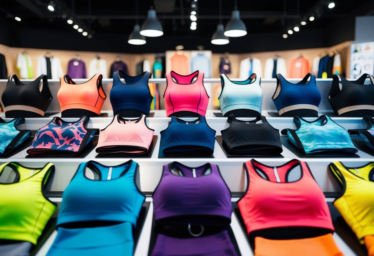 A colorful array of stylish activewear pieces arranged on a sleek display, featuring bold patterns and modern cuts