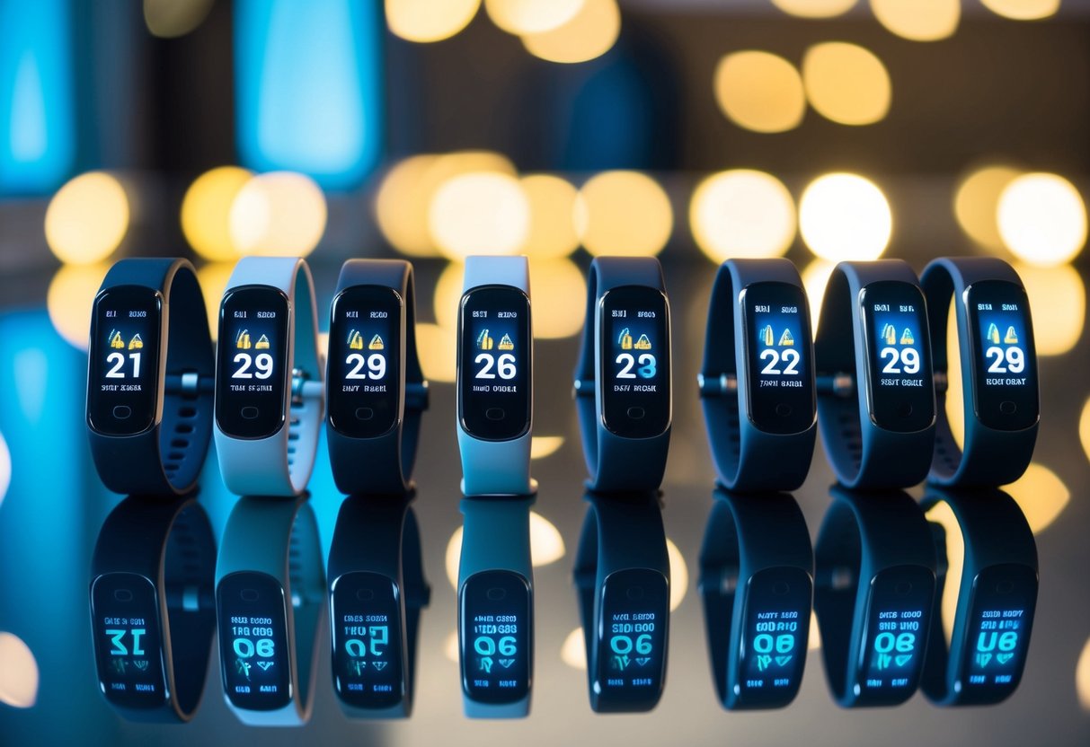 A lineup of sleek, futuristic fitness trackers arranged on a reflective surface, each with a unique design and glowing display