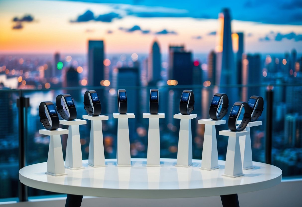 A display of 10 sleek and modern fitness trackers arranged on a futuristic, minimalist table, with a backdrop of a bustling city skyline