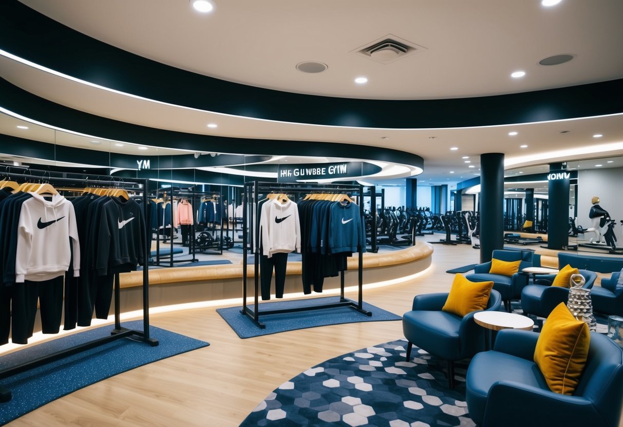 A sleek, modern gym with stylish athleisure wear displayed on racks and mannequins, surrounded by comfortable seating areas and trendy decor