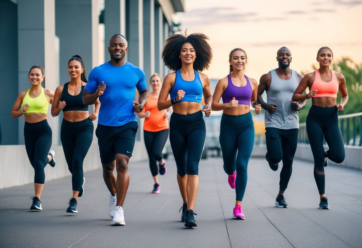 A diverse group of people of various ages and body types wearing trendy athleisure clothing while engaging in fitness activities such as yoga, running, and weightlifting