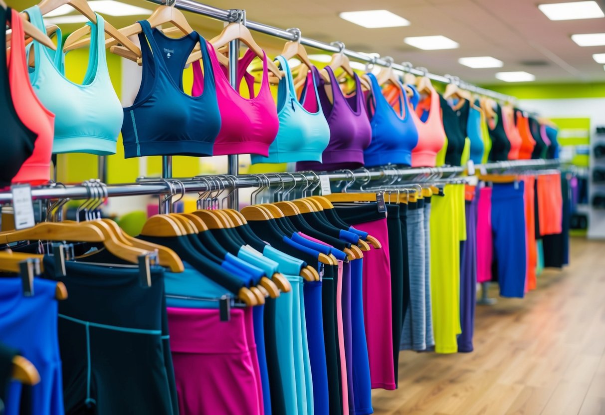 A colorful array of activewear items, including sports bras, leggings, shorts, and tank tops, displayed on racks in a bright, modern fitness store