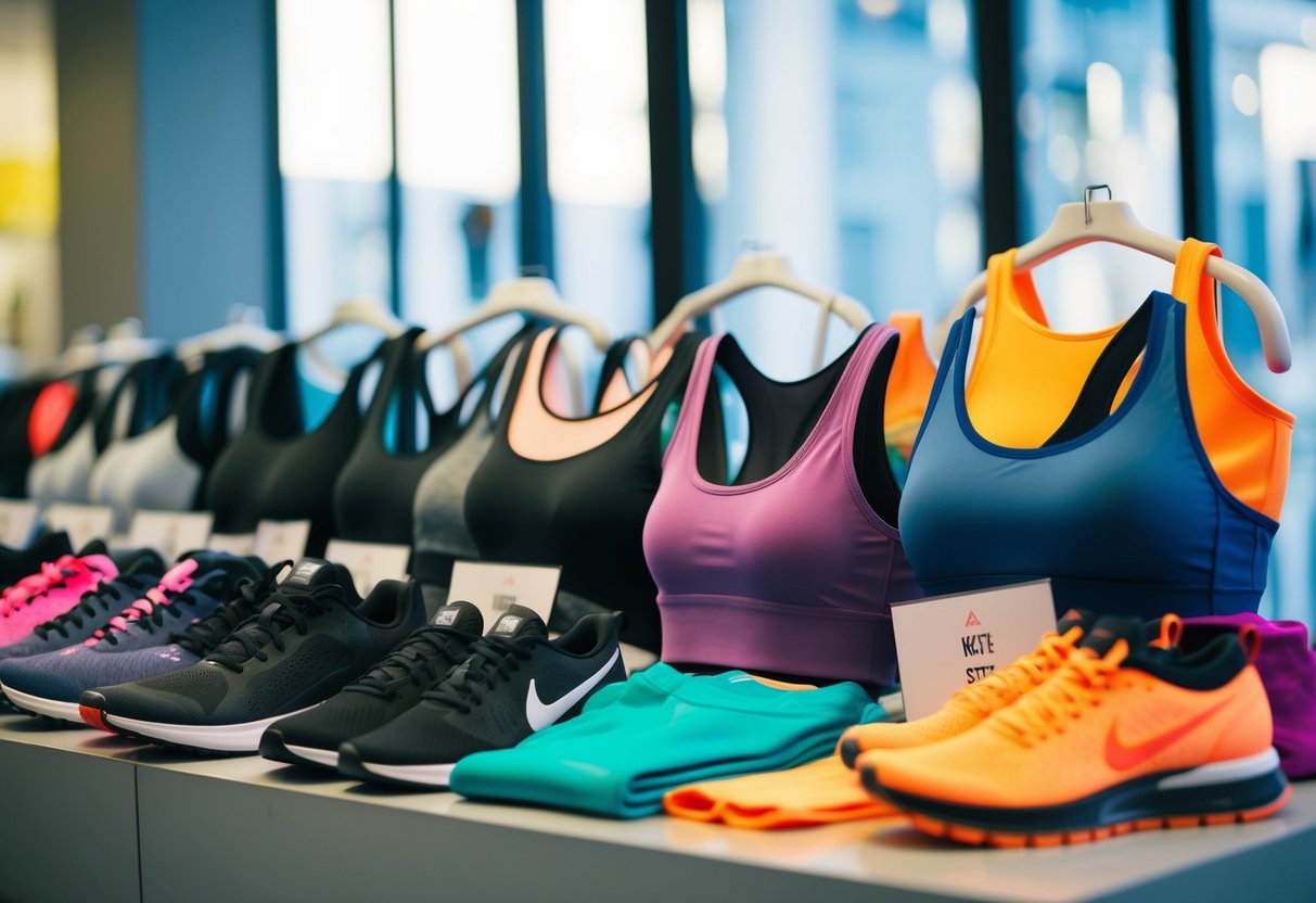 A diverse array of activewear items laid out neatly on a display, including leggings, sports bras, tank tops, and sneakers