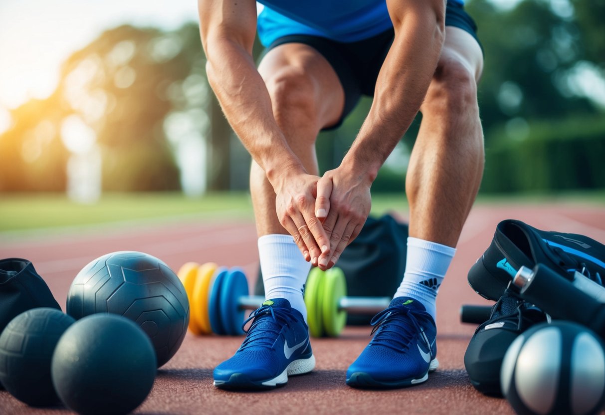 A runner wearing compression socks, stretching before a workout, surrounded by various types of athletic gear and equipment