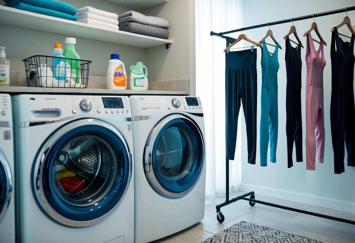 A laundry room with a washing machine and dryer filled with activewear, a shelf with detergent and fabric softener, and a drying rack with neatly hung leggings and sports bras