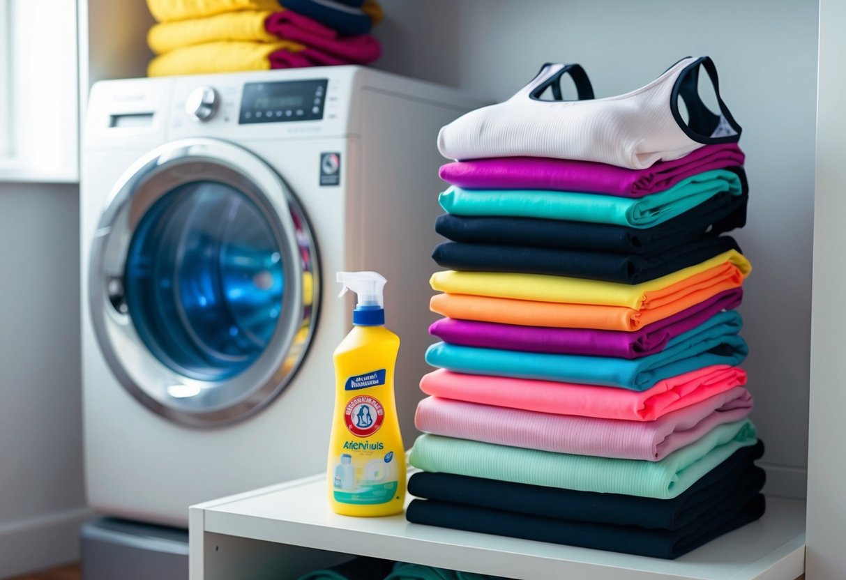 A neat stack of colorful activewear items, including leggings, sports bras, and tank tops, neatly arranged on a shelf with a bottle of fabric detergent and a gentle cycle washing machine in the background