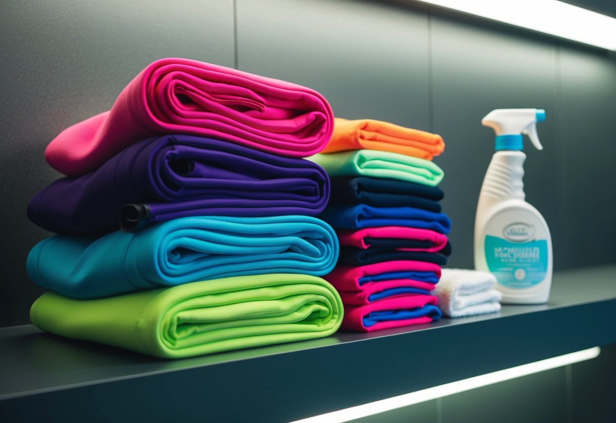 A vibrant pile of activewear items neatly folded on a sleek, modern shelf. A bottle of fabric freshener and a gentle detergent sit nearby