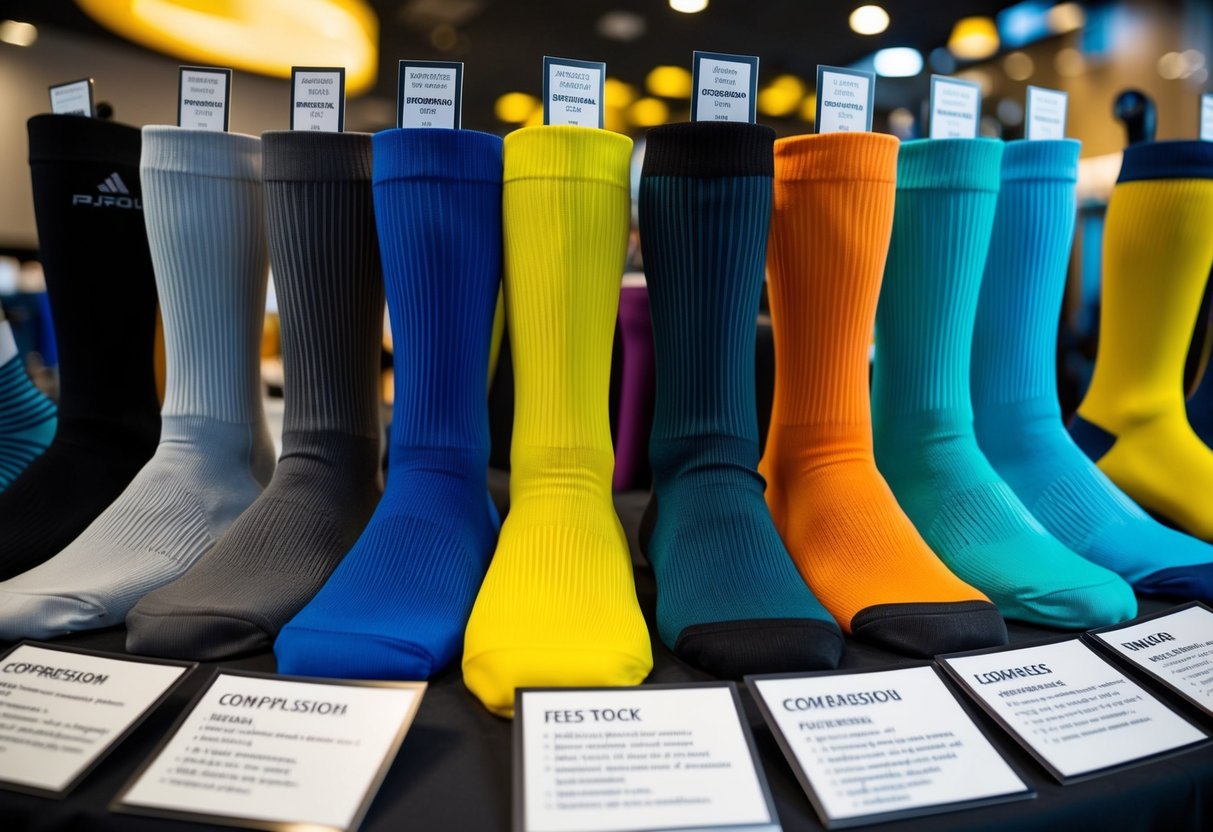 A variety of compression socks in different colors and fabric types neatly arranged on a display table, with labels indicating their specific features and benefits